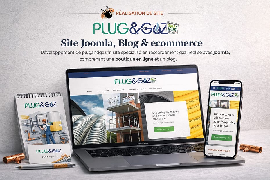 Développement d’un site Joomla complet pour Plug & Gaz : architecture optimisée, boutique en ligne, blog SEO et univers graphique sur-mesure.